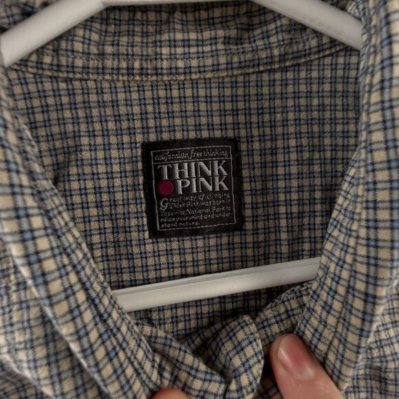 Think Pink Men Long Sleeve Button Up Shirt Blue Beige Check 2XL Pocket Adult - Picture 8 of 16